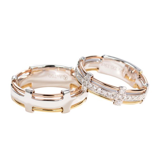 18K三色彩金天然鑽石男女對戒