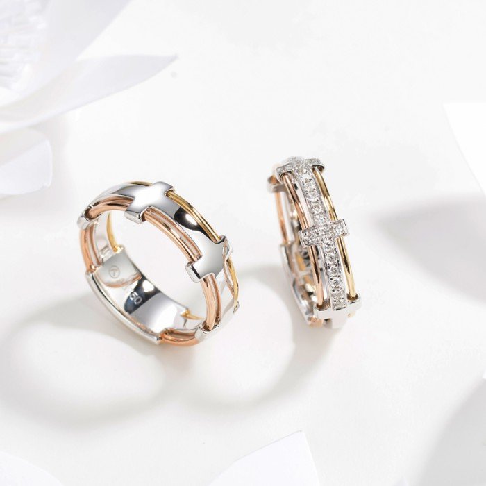 18K三色彩金天然鑽石男女對戒