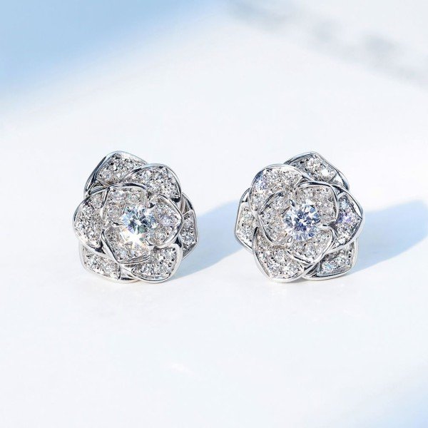 18K金唯美玫瑰花瓣鑽石耳環