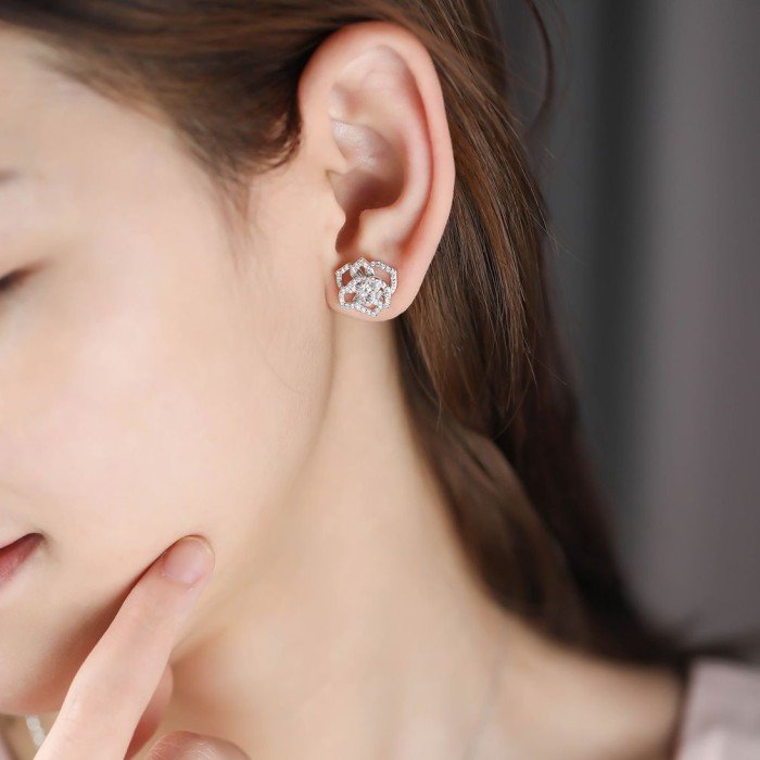 18K金玫瑰花鑽石耳環