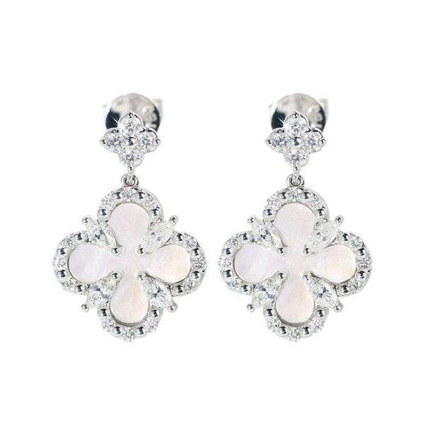 18K金四葉草白貝母鑽石耳環