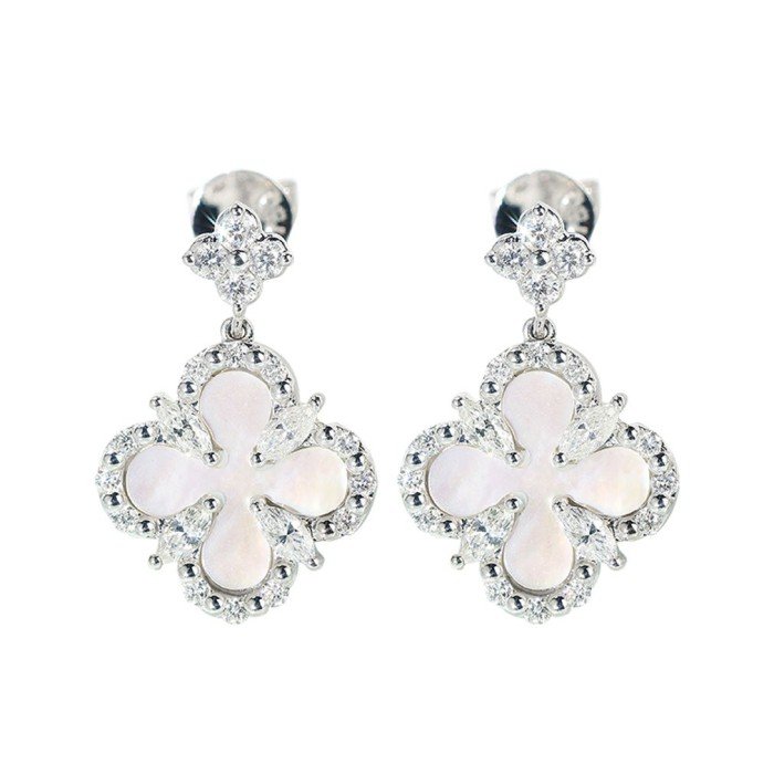 18K金四葉草白貝母鑽石耳環