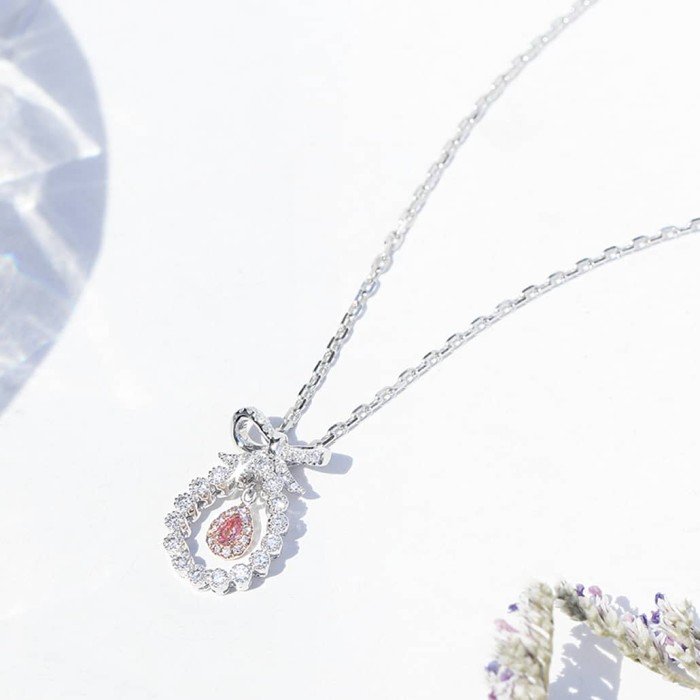 蝴蝶結18K金天然粉鑽項鍊