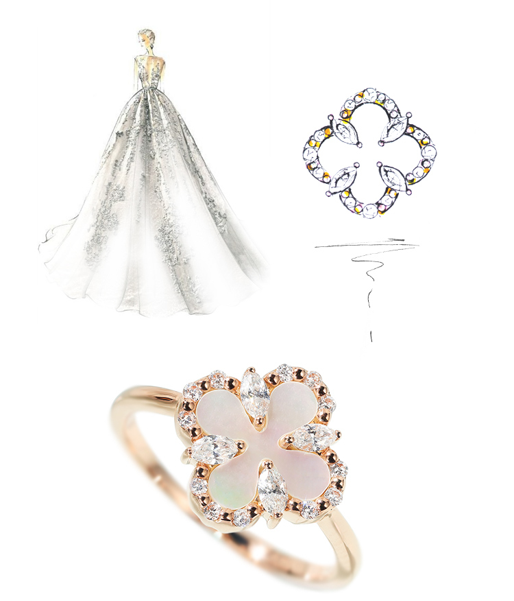 18K金四葉草白貝母鑽戒